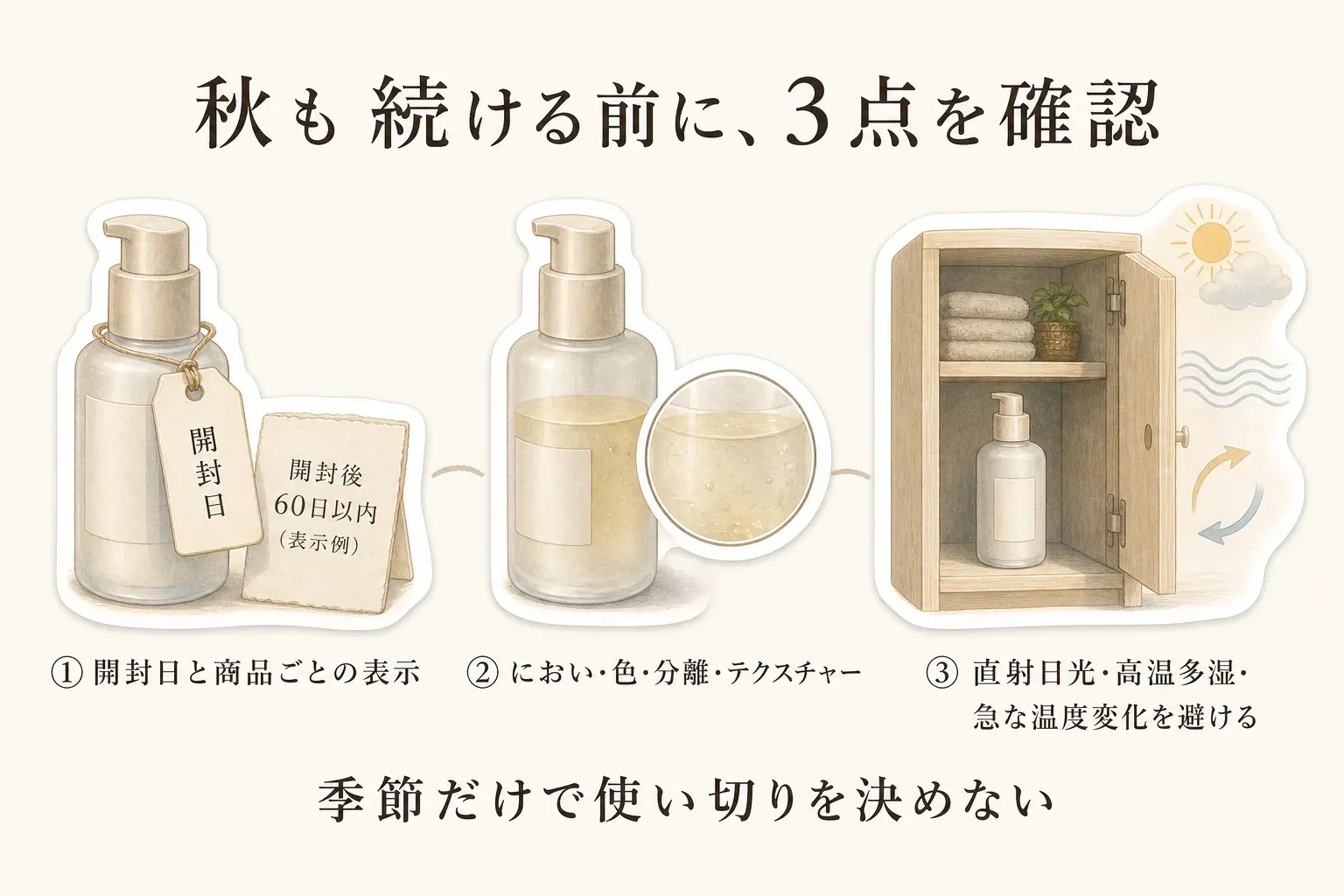 秋も薬用美白美容液やクリームを続ける前に、開封日と商品ごとの開封後表示、におい・色・分離・テクスチャーの変化、直射日光・高温多湿・急な温度変化を避ける保管場所の3点を確認する図