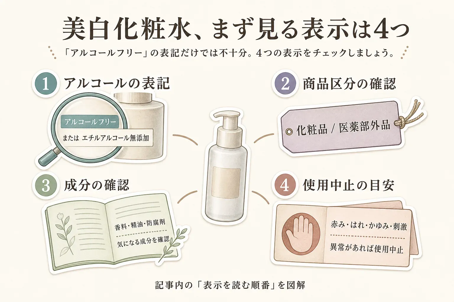 美白化粧水の表示を確認する4項目として、アルコールフリーまたはエチルアルコール無添加の表記、化粧品・医薬部外品の商品区分、香料・精油・防腐剤などの成分、赤み・はれ・かゆみ・刺激がある場合の使用中止の目安を示した図