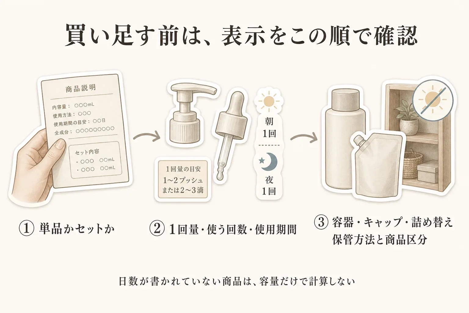 美白美容液・クリームを買い足す前の確認順を示す図。1番目に単品かセットか、2番目に1回量・使う回数・使用期間、3番目に容器・キャップ・詰め替え・保管方法・商品区分を確認し、日数の表示がない商品は容量だけで計算しないことを示している