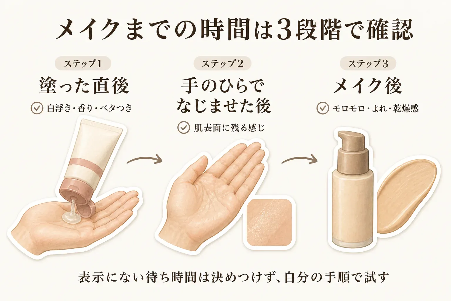 メイクまでの時間を、塗った直後の白浮き・香り・ベタつき、手のひらでなじませた後の肌表面に残る感じ、メイク後のモロモロ・よれ・乾燥感の3段階で確認し、表示にない待ち時間は決めつけず自分の手順で試すことを示す図