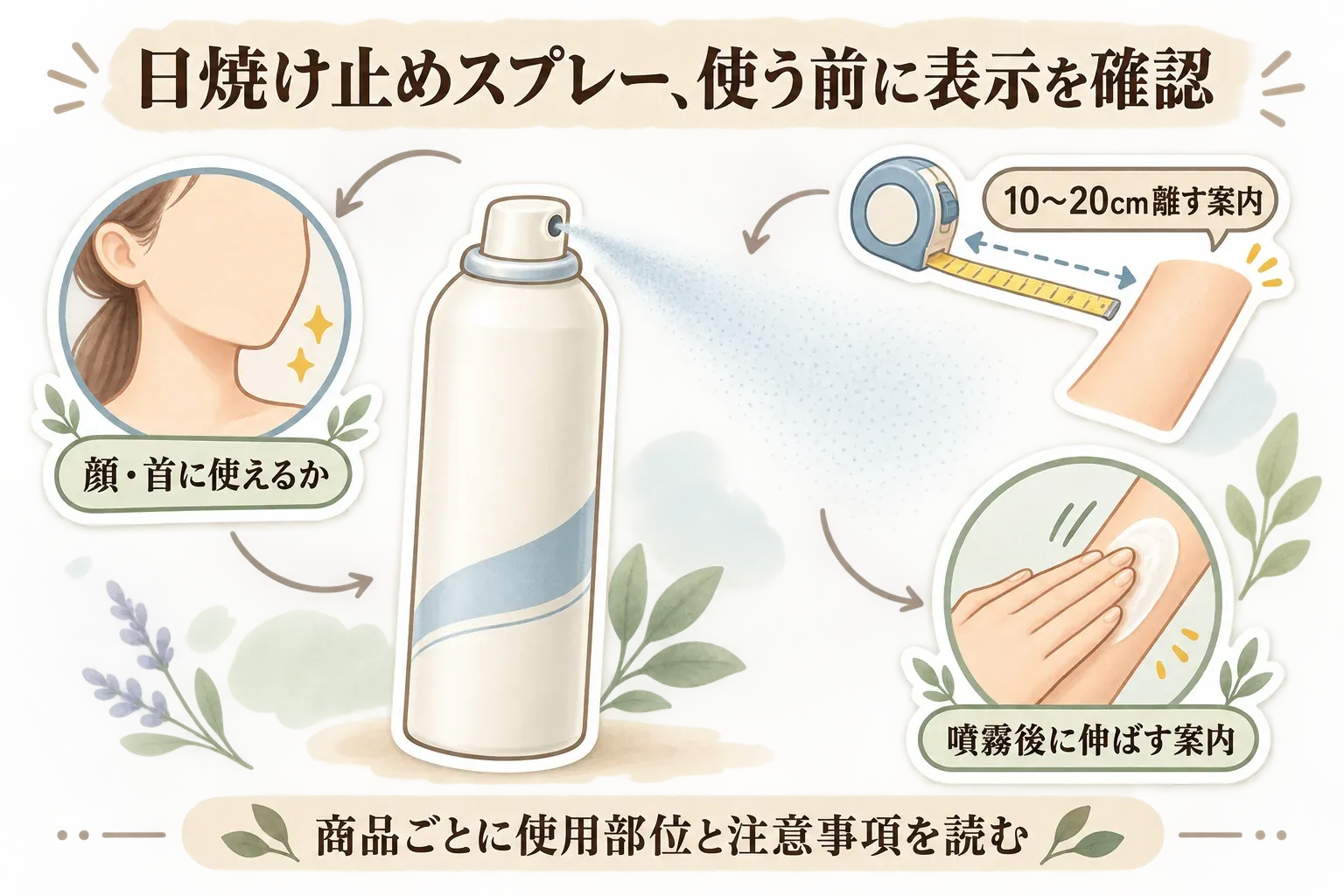 日焼け止めスプレーの購入前に、顔・首・髪などの使用部位、直接噴霧の可否、肌から離す距離、噴霧後に手でなじませる必要があるかを商品表示で確認するポイントを示す図