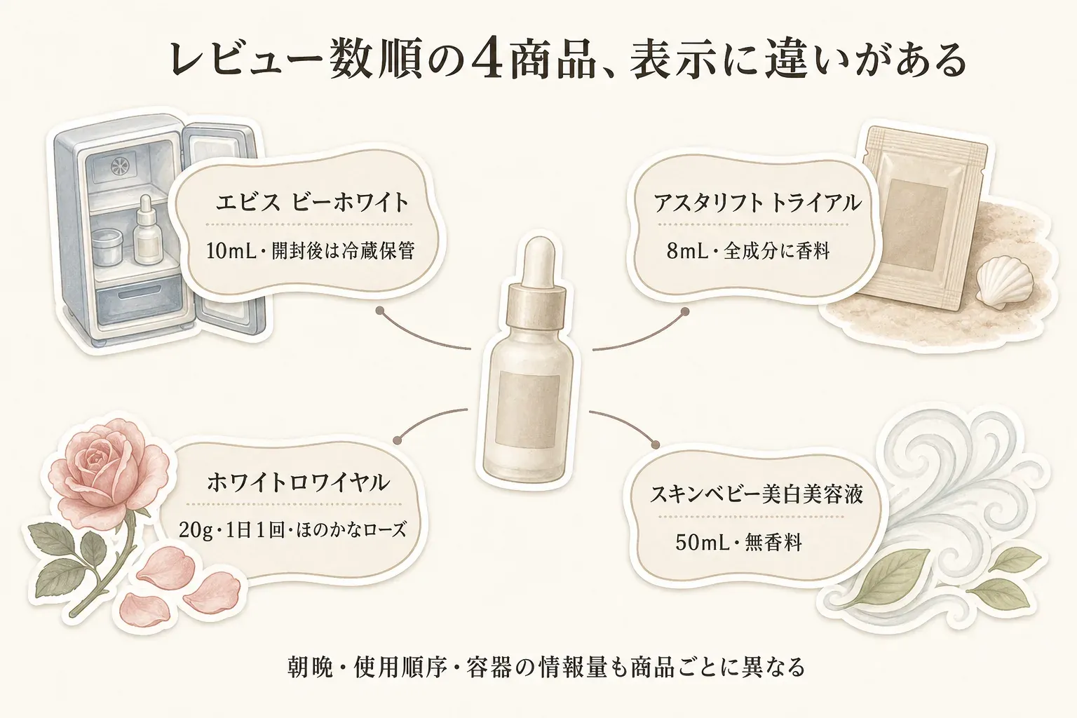 レビュー数順の4商品の表示を比較し、エビス ビーホワイトは10mL・開封後冷蔵保管、アスタリフト トライアルは8mL・全成分に香料、スキンベビー美白美容液は50mL・無香料、ホワイトロワイヤルは20g・1日1回・ほのかなローズと示した図。朝晩・使用順序・容器の情報量は商品ごとに異なる