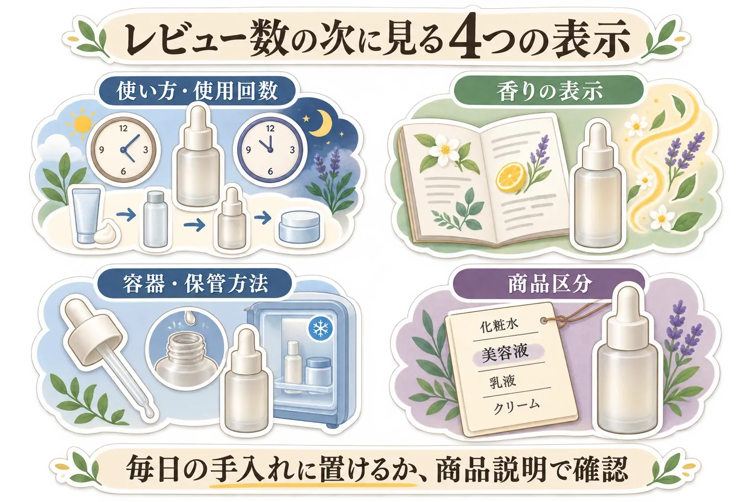 レビュー数の次に確認する4つの表示として、使い方・使用回数、香りの表示、容器・保管方法、商品区分を示した図。朝晩や1日1回の表示、洗顔後などの使用順序、無香料・香料・ローズの表示、容器形状と開封後の保管を商品説明で確認する