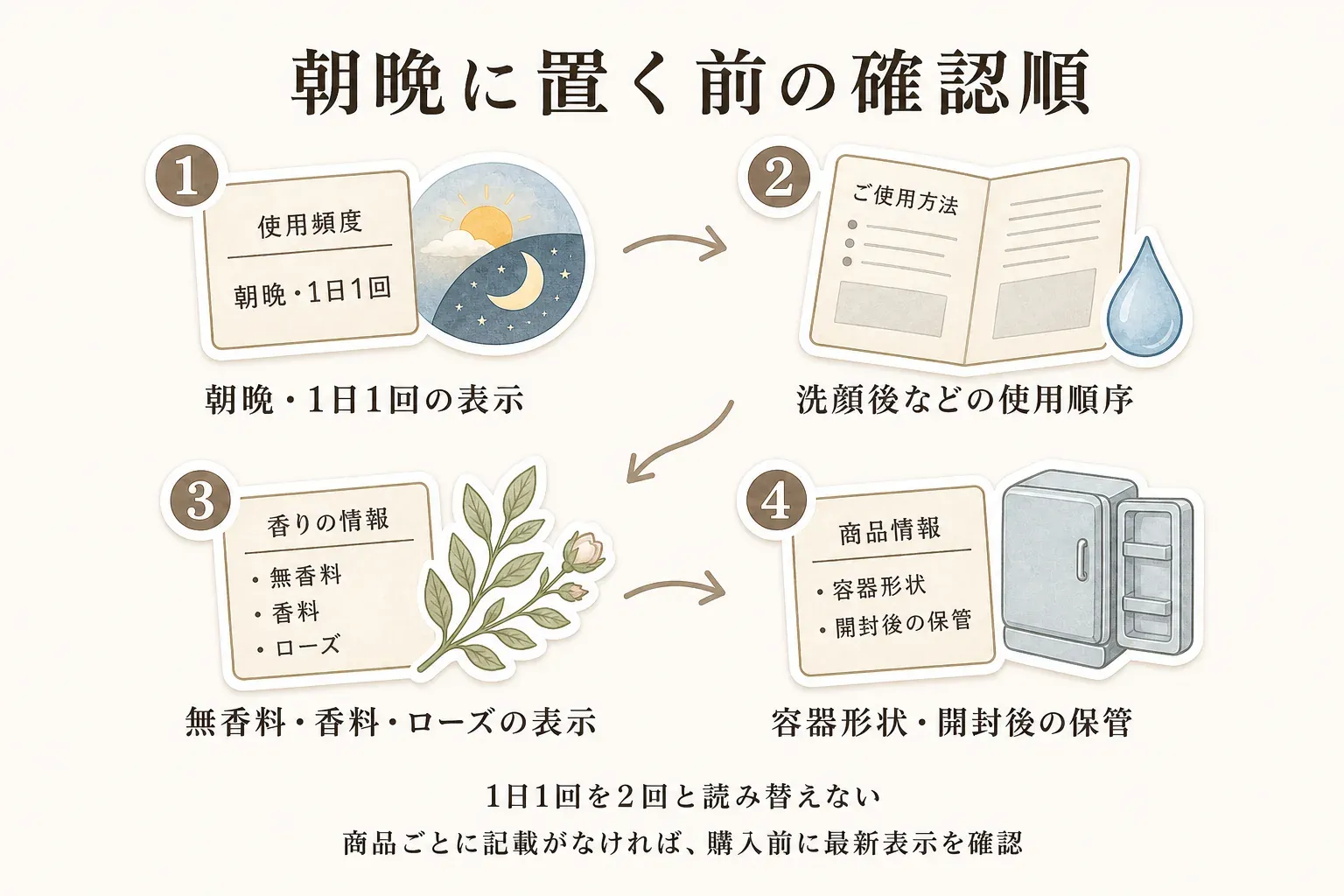 朝晩に使う前の確認順として、朝晩・1日1回の使用頻度、洗顔後などの使用順序、無香料・香料・ローズの香りの表示、容器形状と開封後の保管を確認し、1日1回を2回使用と読み替えず、記載がなければ購入前に最新表示を確認することを示した図