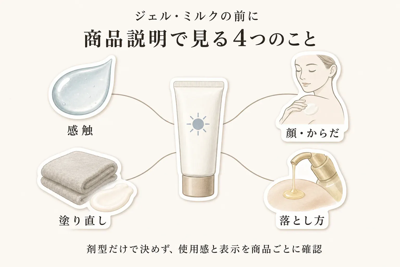 ジェル・ミルクを選ぶ前に商品説明で確認する4つの項目として、感触、顔・からだへの使用、塗り直し、落とし方を日焼け止めのチューブとともに示す図。剤型だけで決めず、使用感と表示を商品ごとに確認することを示している