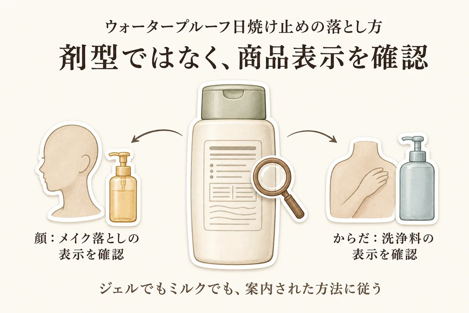 ウォータープルーフ日焼け止めの落とし方は剤型ではなく商品表示で確認し、顔はメイク落としの表示、からだは洗浄料の表示を確認することを示す図。ジェルでもミルクでも案内された方法に従う
