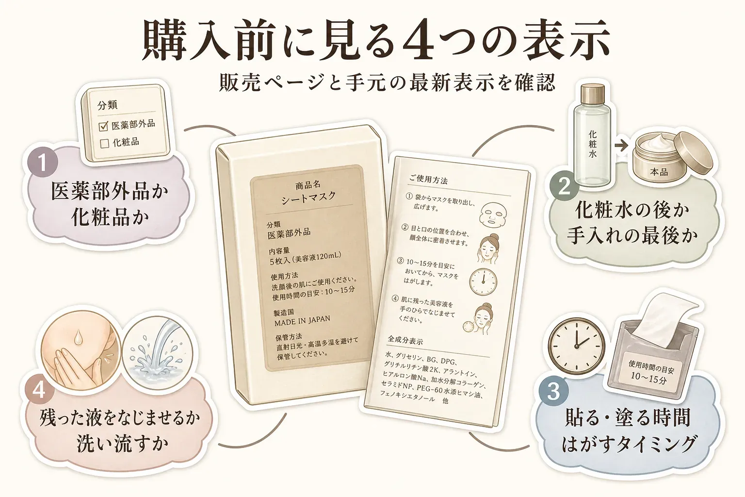 薬用美白シートマスクと美白スリーピングマスクを購入前に確認する4つの表示として、医薬部外品か化粧品かの商品区分、化粧水の後か手入れの最後か、貼る・塗る時間とはがすタイミング、残った液をなじませるか洗い流すかを示した図。販売ページと手元の最新表示を確認するよう案内している